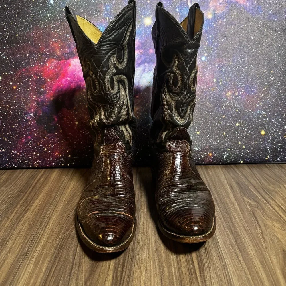 Tony Lama Brown Western Boots Teju Lizard Leather‎ Men's 9.5 D Made in USA 8536